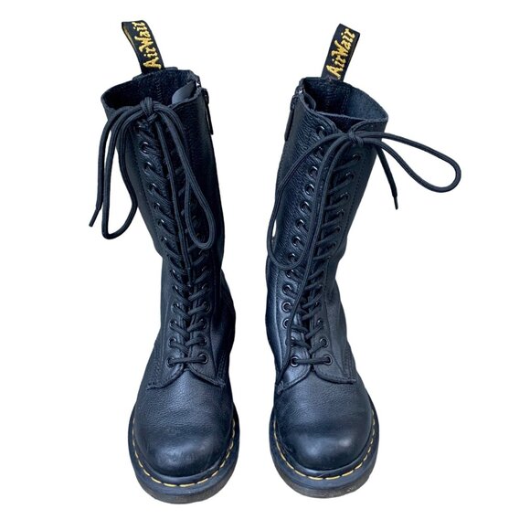 DR DOC MARTENS 14 Eyelet Boots Womens 5 EU 36 Black Leather Mid Calf Lace Up - Picture 1 of 10